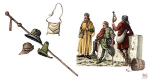 Medeltida mode: pelerindräkt mellan 1100- och 1300-talet, väska, hattar, käpp, tunikor. av Giorgio Albertini