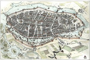 Medeltiden: aeriansk vy över staden Lubeck i Tyskland med gatukarta, som visar dess geografiska läge på en ö vid sammanflödet av floderna Wakenitz och Trave. 1400-talet. Tyskland Illustration av Giorgio Albertini. (Användningen av denna författares w