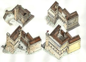 Medeltiden: vy från luften över de olika faserna i byggandet av Vatikanpalatset (Vaticano) mellan 1100- och 1400-talet. Rom Italien av Giorgio Albertini