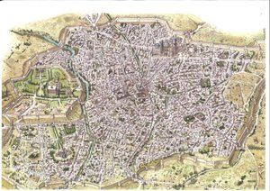 Medeltiden: detaljerad flygbild över staden Samarkand (Samarkand), vallarna syns, i Uzbekistan på den mongoliska Chaybaniddynastins tid. 1450 runt Centralasien. Illustration av Giorgio Albertini. (Användningen av denna författares verk är av Giorgio Albertini
