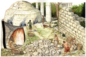 Medeltiden: återskapande av en kalkugn (chaufour), arbetare bearbetar kalksten. Illustration av Giorgio Albertini. (Användningen av denna författares verk är inte föremål för en ansökan om tillstånd från en tredje part eller för betalning av ytterligare av av Giorgio Albertini