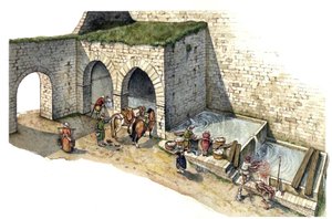 Medeltiden: Återuppbyggnad av en källvattenfontän i centrala Italien på 1400-talet. Den används som tvättstuga, vattning och vattenpunkt för stadens invånare. av Giorgio Albertini
