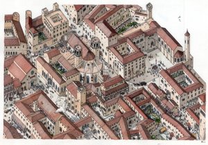 Medeltiden: återuppbyggnad av den historiska stadsdelen Barri Gotic (barrio gotico) i Barcelona på 1300-talet. Katedralen Sainte-Eulalie (Saint Eulalie) är synlig. Spanien Illustration av Giorgio Albertini. (Användningen av denna författares verk är inte u av Giorgio Albertini