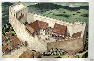 Medeltiden: rekonstruktion av katharslottet Montsegur (färdigställt på 1200-talet), Ariege, Frankrike. av Giorgio Albertini