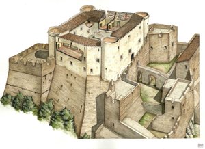 Medeltiden: rekonstruktion av slottet Santa Severina, byggt på 1000-talet, i Catanzaro. Kalabrien Italien Illustration av Giorgio Albertini. (Användningen av denna författares verk är inte föremål för en ansökan om tillstånd från en tredje part eller till av Giorgio Albertini