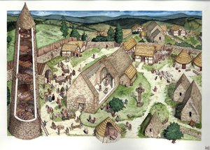 Medeltiden: rekonstruktion av det gamla klostret Glendalough som grundades av Saint Kevin, en eremitpräst. Platsen blev på 800-talet en plats för religiös utbildning. Ett runt torn är synligt i tvärsnitt, ett keltiskt kors. 800-talet Irland Illus
