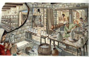 Medeltid: representation av en verkstad för keramiker och krukmakare på 1300-talet. av Giorgio Albertini