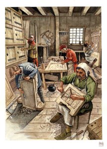 Medeltiden: föreställning av en ebenistverkstad på 1400-talet, arbetare bearbetar trä. av Giorgio Albertini