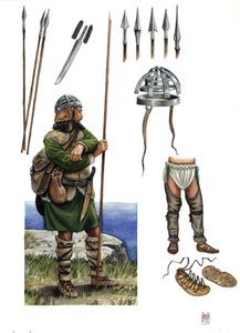 Medeltiden: representation av en Almogavra, legosoldat från kungariket Aragonien Katalonien runt 1300-talet: beskrivning av vapnen och deras dräkt. av Giorgio Albertini