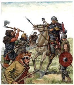 Medeltiden: scen från slaget vid Roncesvaux (spanska Baskien), Franc ryttare från Karl den stores armé mot morerna år 778. Illustration från 8:e århundradet av Giorgio Albertini.