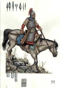 Medeltiden: soldat i det ungerska tunga kavalleriet. 9:e århundradet av Giorgio Albertini