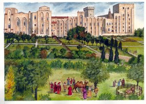 Medeltiden: vy över påvepalatset i Avignon, när det var påvarnas residens. I trädgården promenerar medlemmar av kurian för att beundra exotiska djur (kamel, lejon) 1300-talet. av Giorgio Albertini