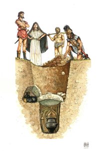 Neolitikum: snitt av en Villanoviansk grav (Villanova-kulturen), urnorna med den avlidnes aska begravdes i brunnar (ballotfält), 800-talet f.Kr. Etrurien, Italien av Giorgio Albertini