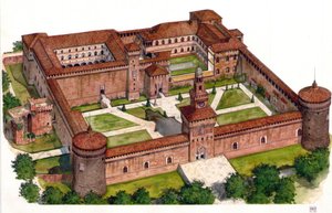 Översikt över Sforzaslottet (Castello Sforzesco) som byggdes av hertig Francesco Sforza på 1400-talet i Milano, Italien. av Giorgio Albertini