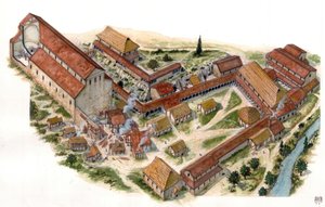 Preromansk konst: aeriansk vy av benediktionsklostret Saint Vincent (St Vincent) i Volturne (Abbadia di San Vincenzo al Volturno) grundat på 700-talet. Castel san Vincenzo, Italien Illustration av Giorgio Albertini. (Användningen av denna författares arbet av Giorgio Albertini