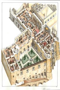 Rekonstruktion av det adliga golvet i hertigpalatset i Urbino, Italien. Det byggdes av hertig Federico da Montefeltro (Frederic de Montefeltre, hertig av Urbino) på 1400-talet. av Giorgio Albertini