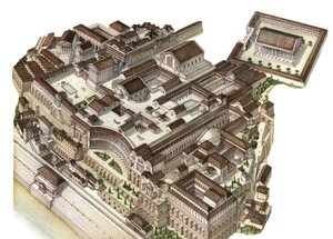 Romersk antikvitet: rekonstruktion av Palatinerberget (Glue Palatino) på 400-talet byggde de olika kejsarna (Augustus, Nero, Severe Septime) sina respektive palats. Rom Italien av Giorgio Albertini