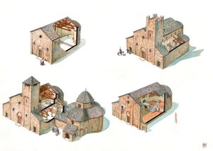 Romansk konst: beskrivning av byggnadsskedena med sektioner som gör det möjligt att se hur byggarbetsplatsen fortskrider och interiören, av klostret St Vincent de Galliano, inklusive basilikan San Vincenzo (Saint Vincent) och Baptistere av Giorgio Albertini