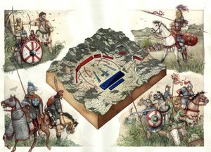 Goternas krig (535-553) mellan bysantinerna och ostrogoterna: slaget vid Taginae i juli 552, som gjorde det möjligt för Justinianus bysantiner att marschera in i Rom från Ravenna.