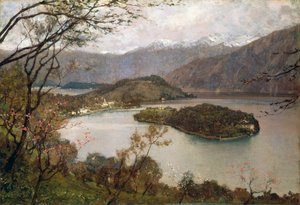 Utsikt över Comacina Island, Comosjön, av Giorgio Belloni (1861-1944), olja på duk, 69,5x100 cm av Giorgio Belloni