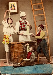 Barn äter spaghettin med händerna, Neapel, ca 1865 (tryck på dubbelvikt papper) av Giorgio Conrad