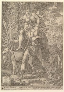 Allegory of the Hunt, en jägare som håller ett stort spjut som bär en kvinna Diana på sin shou..., 1556. av Giorgio Ghisi
