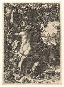 Angelica och Medoro, paret som omfamnar, Medoro ristar sina namn i barken på en..., ca. 1570. av Giorgio Ghisi