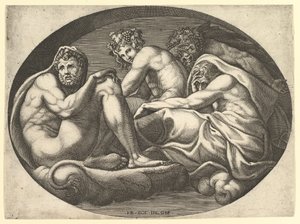 Hercules, Bacchus, Pan och Saturnus, från en serie om åtta kompositioner efter Francesco P..., 1560-talet. av Giorgio Ghisi