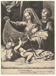 Madonna av Loreto, Jungfrun lyfter en slöja över barnet, som ligger på en säng och kudde..., 1575. av Giorgio Ghisi