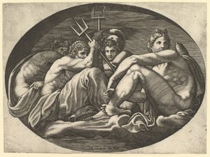 Pluto, Neptunus, Minerva och Apollo, från en serie om åtta kompositioner efter Francesco P..., 1560-talet. av Giorgio Ghisi