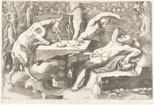 Satyr försöker väcka Silenus med en vinranka av Giorgio Ghisi