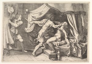 Tarquin attackerar Lucretia, en tjänare till vänster som bevittnade platsen, ca. 1540. av Giorgio Ghisi