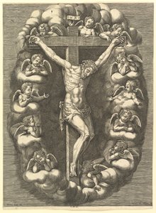Den korsfäste Kristus omgiven av sörjande änglar, 1575-1679. av Giorgio Ghisi