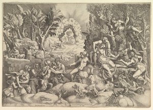 Procris död, Cephalus sörjer Procris död till höger omgiven av..., ca. 1540. av Giorgio Ghisi