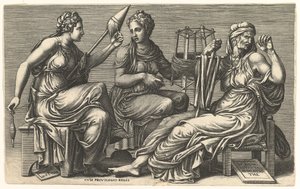 De tre öden Clotho, Lachesis och Atropos, 1558-59.