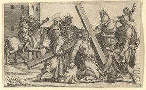 The Virgin of Sorrows: Christ Bearing the Cross, en av nio omgivande fack f..., år 1575. av Giorgio Ghisi
