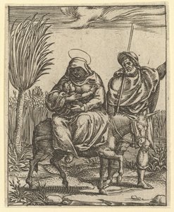 The Virgin of Sorrows: The Flight into Egypt, en av nio omgivande fack från..., år 1575. av Giorgio Ghisi