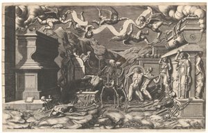 The Vision of Ezekiel, en grupp lik och skelett som dyker upp ur gravar, ovanför dem ..., 1554.