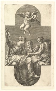 Three Muses and a Putto with Cymbals, en korsformad komposition, från en serie om åtta kom..., 1560-talet. av Giorgio Ghisi