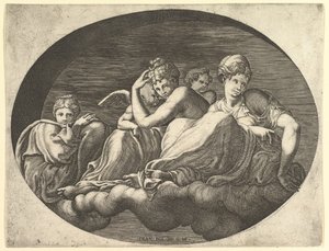 Venus och Amor, Två andra gudinnor och en Putto, från en serie om åtta kompositioner av..., 1560-talet. av Giorgio Ghisi