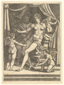 Venus och Vulcan sitter på en säng och tre putti, mitten av 1550-talet. av Giorgio Ghisi