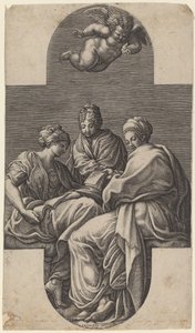 Tre muser och en gestikulerande putto av Giorgio Ghisi after Francesco Primaticcio