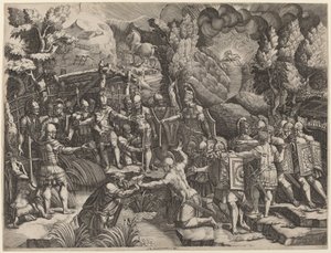 Sinon bedrager trojanerna av Giorgio Ghisi after Giovanni Battista Scultori