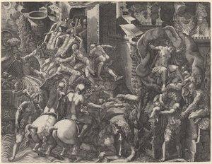 Trojas fall och Aeneas flykt av Giorgio Ghisi after Giovanni Battista Scultori