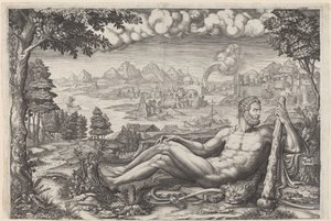 Hercules vilar från sitt arbete av Giorgio Ghisi after Giulio Romano