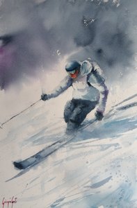 Målning av en skidåkare i fjällen av Giorgio Gosti
