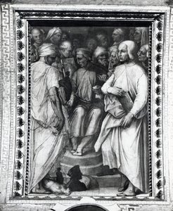 Cosimo de Medici sitter bland filosofer och konstnärer i Sala di Cosimo il Vecchio av Giorgio Vasari