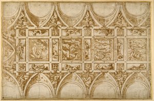 Design för refektoriets tak på Jesuit College i Cortona (penna & brunt bläck med ljusbrun tvätt) av Giorgio Vasari