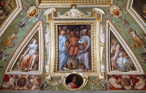 Detalj av Cosimo de Medicis rum som representerar sig själv med konstnärer och intellektuella (fresk av Giorgio Vasari