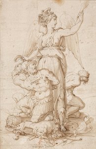 Bevingade Victoria med en palmgren och tre fångar som knäböjer på troféer. Omkring 1540 av Giorgio Vasari